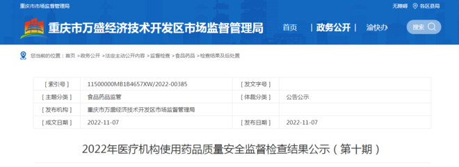 重庆市万盛经济技术开发区市场监管局公示2022年医疗机构使用药品质量安全监督检查结果(第十期)